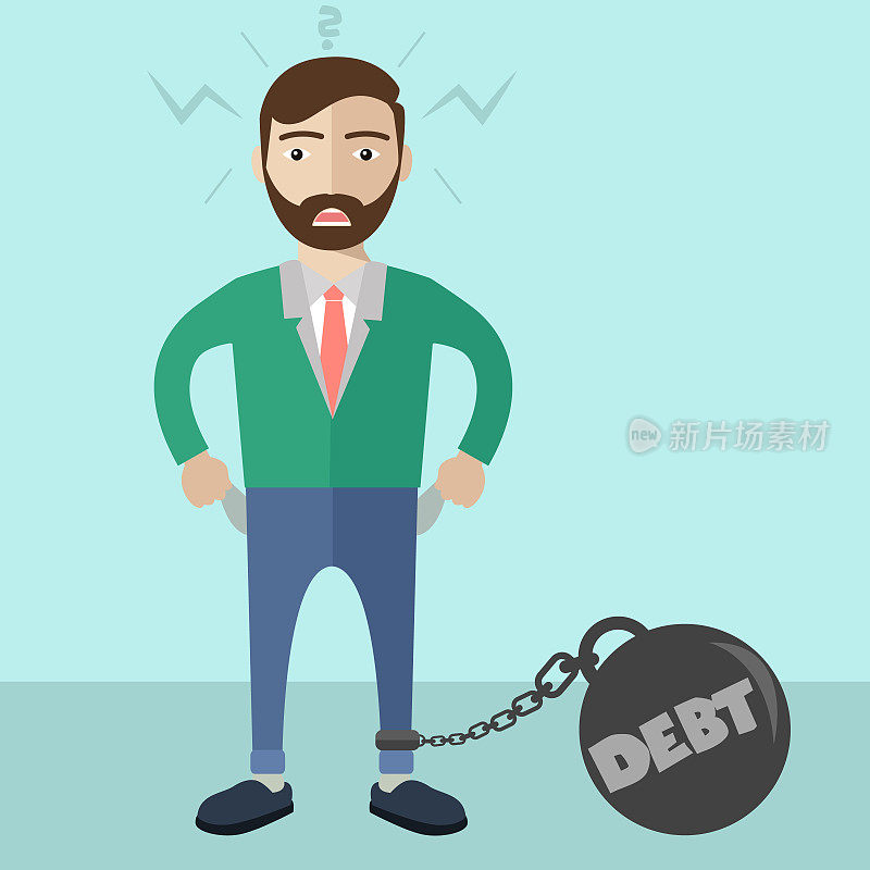 Businessman being trapped with big ball and chain , with message debt . Business concept in bankruptcy, failure, or debt.